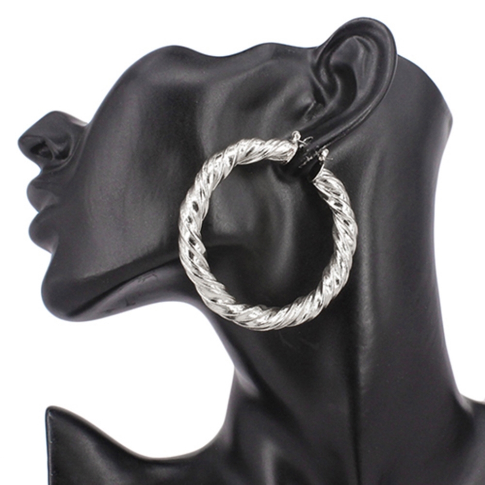 Twisted Silver Metal Hoop Earrings Thick Textured Casual Everyday Jewelry